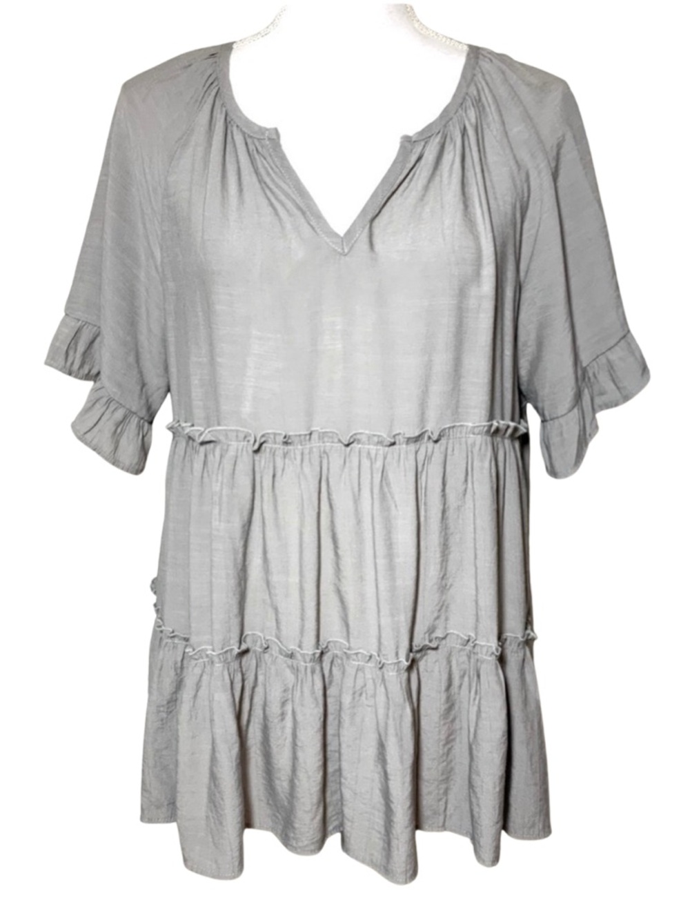 Camille & Co Gray Ruffled Tiered Boho Tunic with V-Neck Rayon Blend Women Medium